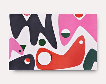May include: Abstract art print featuring a white background with colourful shapes in pink, red, black and green.