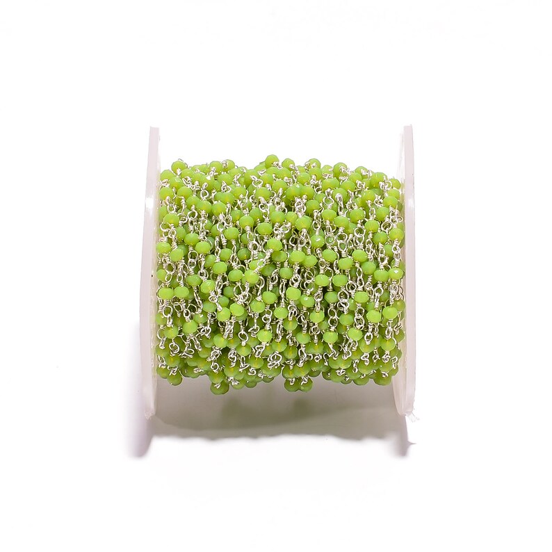 1-100 Feet Peru Green Onyx Faceted Rondelle Hydro Beaded Rosary Chain Silver Plated Wire,Jewelry Making,Finding,Wire Wrapped Chain,3-3.5mm