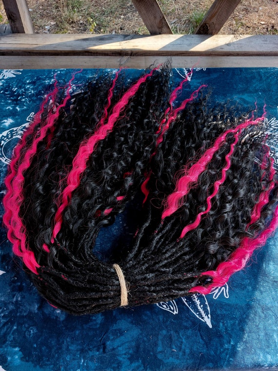 crochet decorated knotty pink black dreadlocks Black and Pink Dreads Curly Dreads Crochet Double Ended  main image 4