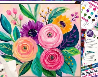 Könnte beinhalten: Ein digitales Malparty-Druckset mit einem Blumenbild in Rosa, Orange, Gelb und Violett, einer schwarz-weißen Vorlage, einer weißen Tragetasche mit Blumenaufdruck sowie Anleitungen für verschiedene Acrylmaltechniken und Pinselstriche.