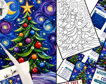 Paint Party, Starry Night Christmas Tree Pre Drawn Template, Tracer Toolkit, Step by Step Tutorial Printable Art Painting Tracer Lesson,