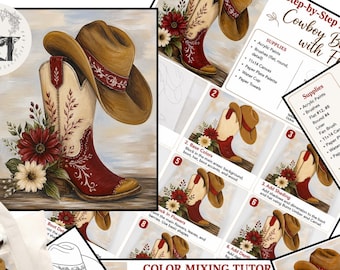 Paint Party, Cowgirl Boots Hat & Flowers Pre Drawn Template, Tracer Toolkit, Step by Step Painting Tutorial Printable Art Lesson Color Wheel
