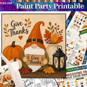 Paint Party, Autumn Fall Gnome & Pumpkin Pre Drawn Template, Tracer, Step by Step Painting Tutorial Printable Art Lesson, Color Wheel