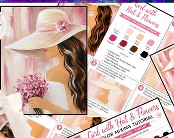Paint Party, Girl w/ Hat and Flowers Pre Drawn Template, Tracer Toolkit, Step by Step Painting Tutorial Printable Art  Lesson,Color Wheel