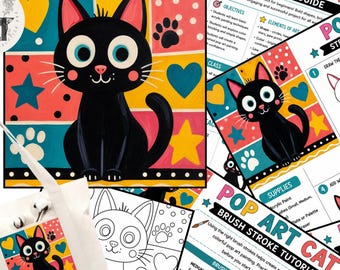 Paint Party, Pop Art Cat Painting,  Drawn Template, Tracer Toolkit, Step by Step Tutorial Printable Art Tracer Lesson, Color Wheel, Birthday