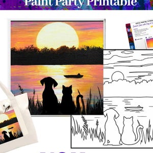 Plantilla prediseñada para fiesta de pintura con perro y gato al atardecer, tutorial, kit de lienzo, kit de herramientas, arte imprimible DIY, lección de pintura para fiestas (archivo digital)
