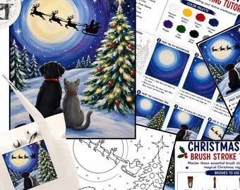 Paint Party, Dog & Cat Santa Reindeer in Sky Drawn Painting, Tracer Toolkit, Step by Step Tutorial Printable Art Painting Lesson Color Wheel