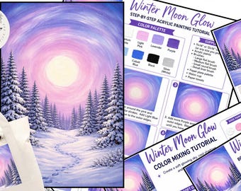 Paint Party, Winter Moon Glow in the Pine Trees in Snow, Painting Tracer Toolkit, Step by Step Tutorial Printable Art Lesson, Color Wheel