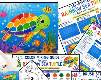 Paint Party, Rainbow Turtle with bubbles Design, Pre Drawn Template, Canvas Toolkit, Tutorial, Printable Art Painting Lesson, Kid Friendly