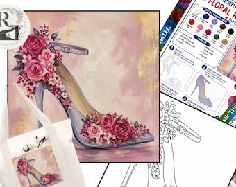 Paint Party, High Heels with Roses Pre Drawn Template, Canvas Toolkit, Step x Step Painting Tutorial Printable Art Tracer Lesson Color Wheel