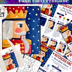 Puede incluir: Un conjunto imprimible para fiesta de pintura con temática de Rey Cascanueces. Incluye un tutorial de pintura paso a paso, guía para el profesor, guía de mezcla de colores, tutorial de pinceladas, hoja de materiales y una bolsa de tela.