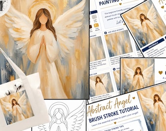 Könnte beinhalten: Ein digitales Malparty-Druckset mit einem abstrakten Engelgemälde in Gold- und Blautönen, einer Schritt-für-Schritt-Anleitung, einem Farbmischblatt, einem Pinselstrich-Tutorial, einer Linienzeichnung und einer weißen Tragetasche mit Engelmotiv.