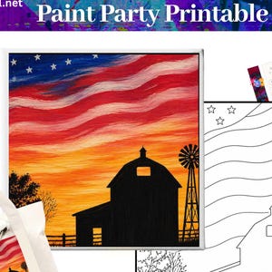 May include: A digital paint party printable kit featuring a Starry Barn Sunset theme. Includes a finished painting reference, a black and white line art tracer, a step-by-step tutorial sheet, and a tote bag mockup displaying the finished artwork.