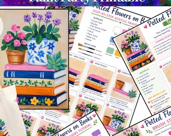 Malparty, Vorlage für Topfblumen auf Büchern, Nachzeichnungsset, Schritt-für-Schritt-Malanleitung, druckbare Kunstlektion, Farbkreis