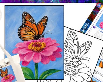 Paint Party, Monarch Butterfly on Zinnia Design, Pre Drawn Template, Canvas Toolkit, Tutorial Printable Art Painting Lesson, Kid Friendly