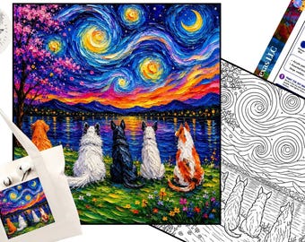 Paint Party, Dogs at a Starry Night Pre Drawn Template, Canvas Toolkit, Step by Step Tutorial, Art Tracer Painting Lesson Guide, Color Wheel