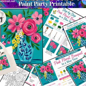 May include: A paint party printable kit featuring a floral painting of pink flowers in a blue vase, a white tote bag with a floral print, step-by-step tutorials, a teacher guide, color mixing instructions, and a black and white line art tracer.