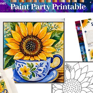 Schilderen en drinken feestje: theekopje met zonnebloemmotief, vooraf getekende sjabloon, tutorial, canvaspakket, doe-het-zelf printbare kunstschilderles, digitaal feest