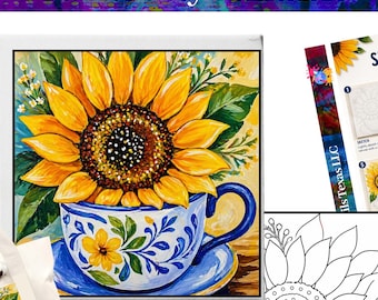 Paint and Sip Party Sunflower Tea Cup Design, Pre Drawn Template Tutorial, Canvas Kit Tool DIY Printable Art Painting Lesson Party Digital