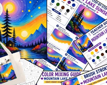 Paint Party, Mountain Lake Sunset Pines Pre Drawn Template, Tracer Painting Step by Step Tutorial Printable Art Digital Lesson, Color Wheel