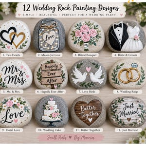 Puede incluir: Una guía digital imprimible con 12 diseños de piedras pintadas con temática de boda. La imagen muestra doce piedras individuales decoradas con motivos que incluyen corazones, un frasco, un ramo de novia y anillos de boda.