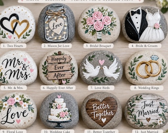 May include: A digital printable guide featuring 12 wedding-themed rock painting designs. The image displays twelve individual stones decorated with motifs including hearts, a mason jar, a bridal bouquet, a bride and groom, and wedding rings.