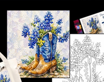 Paint Party, Bluebonnet Western Cowgirl Boots Pre Drawn Template, Canvas Toolkit, Step by Step Painting Tutorial Printable Art Tracer Lesson