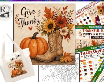 Malparty, Thanksgiving-Cowgirl-Stiefel & Kürbis – vorgezeichnete Vorlage, Nachzeichnung, Schritt-für-Schritt-Anleitung, druckbare Kunst-Malstunde, Farbkreis