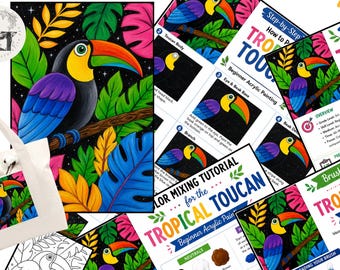 Paint Party, Colorful Tropical Toucan Design, Drawn Template Canvas Toolkit Tutorial Digital Printable Art Tracer Painting Lesson -  Kids