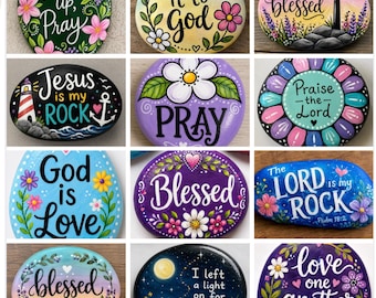 May include: A collection of twelve hand-painted stones featuring religious and inspirational text such as Wake up, Pray, Give it to God, Blessed, Jesus is my Rock, Pray, Praise the Lord, God is Love, The Lord is my Rock, and love one another.