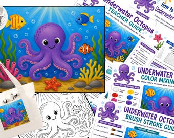 Paint Party, Octopus Under the Sea Design, Drawn Template, Canvas Tutorial, Digital Printable Art Tracer Painting Lesson Kid Friendly