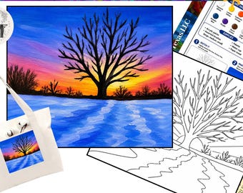 Paint Party, Tree in Winter at Sunset Pre Drawn Template, Tracer Canvas Toolkit, Step by Step Painting Tutorial Printable Art Tracer Lesson