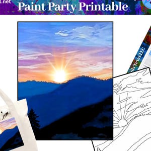 May include: A paint party printable kit featuring a sunrise over blue mountains. Includes a color reference image, a black and white line art tracer, a step-by-step tutorial sheet, and a white tote bag with the sunrise design printed on the front.