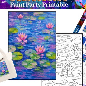Paint Party Water Lilly Pond Claude Monet Style Pre Drawn Template Tutorial, Canvas Kit Tool DIY Printable Art Painting Lesson Party Digital
