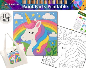 Paint Party Magical Rainbow Unicorn Design, Pre Drawn Template, Canvas Tutorial Printable Art Tracer Painting Lesson Digital Kid Birthday