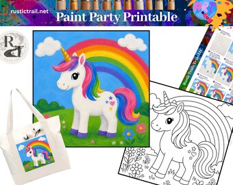 Paint Party Magical Rainbow Unicorn Design, Pre Drawn Template, Canvas Toolkit Tutorial Printable Art Painting Lesson Digital Kid Birthday