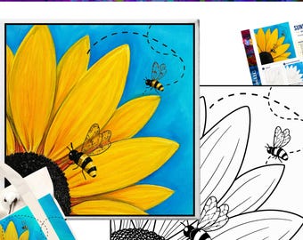 Måla och smutta på fest, solros och bin, förritad mall, handledning, canvas-kit, verktygslåda, utskrivbar konst, spårmålningslektion, fest, digital