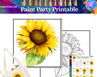 Paint and Sip Party Sunflower Flower Design, Pre Drawn Template, Tutorial, Canvas Kit Toolkit, Printable Art Painting Lesson Party Digital