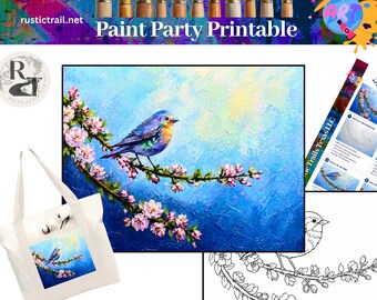 Paint Party Bird in an Apple Blossom Tree Design, Pre Drawn Template Tutorial, Canvas Kit Tool Printable Art Painting Lesson Party Digital
