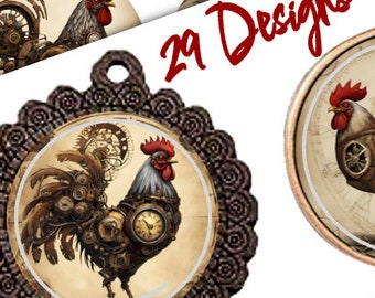 29 colgantes con diseños de círculos de gallos estilo steampunk: descarga e impresión en 6 tamaños, 300 y 938 DPI, adornos navideños, etiquetas navideñas, pegatinas para álbumes de recortes