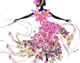 Arte de bailarina floral: silueta femenina con vestido de flores (descarga digital)