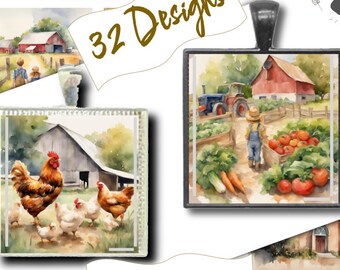 32 Farm Life Paintings Square Design Pendants - Download Print 6 sizes 300 and 938 DPI, Junk Scrapbook