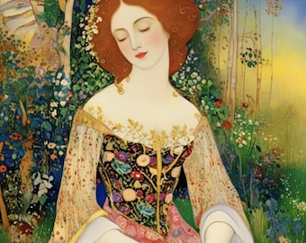 Lady in the Style of Klimt Art Painting Living Room, Hall, Bedroom, Den, Dinning Wall Maximalist, Digital Graphic Art to Print, Trendy Art