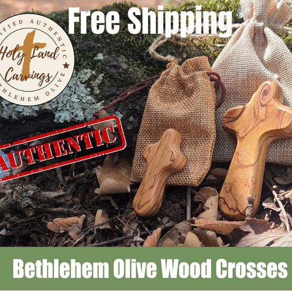 Authentic Bethlehem Olive Wood Hand Held Comfort 4 inch or 2 5/8 inches Cross with Bag and Certificate with FREE Shipping