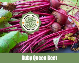 May include: A bunch of Ruby Queen beets with their leafy greens. The beets are a deep red color and the greens are a vibrant green. The beets are labeled as "Rustic Trails Organic Product".