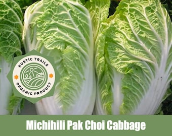 May include: Close-up of two green and white Michihili Pak Choi cabbages. A green and white logo with the text "Rustic Trails Organic Product" is in the foreground.