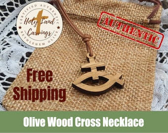 Authentic Bethlehem Holy Cross, Fish / Ichthys 1.18" Olive Wood Necklace w/ Leather Cord, Burlap Bag, &  Certificate - FREE Shipping
