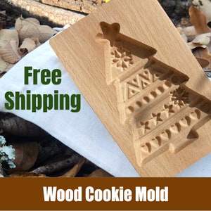 Wood Christmas Tree Cookie Mold 3.14&quot;x5.11&quot;  w/ muslin bag - Springerle, Speculaas, Gingerbread, Shortbread  - Holiday Cooking
