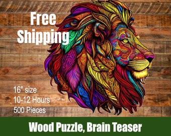 Beautiful and Intricate Wood Lion Puzzle - great for animal and nature lovers, gift 16"  with Mesh Bag - FREE Shipping