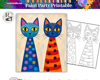 Atelier de peinture, Peinture de chat style art populaire fantaisiste, Gabarit dessiné, Kit de décalquage, Tutoriel étape par étape, Leçon d'art imprimable, Cercle chromatique, Conseils